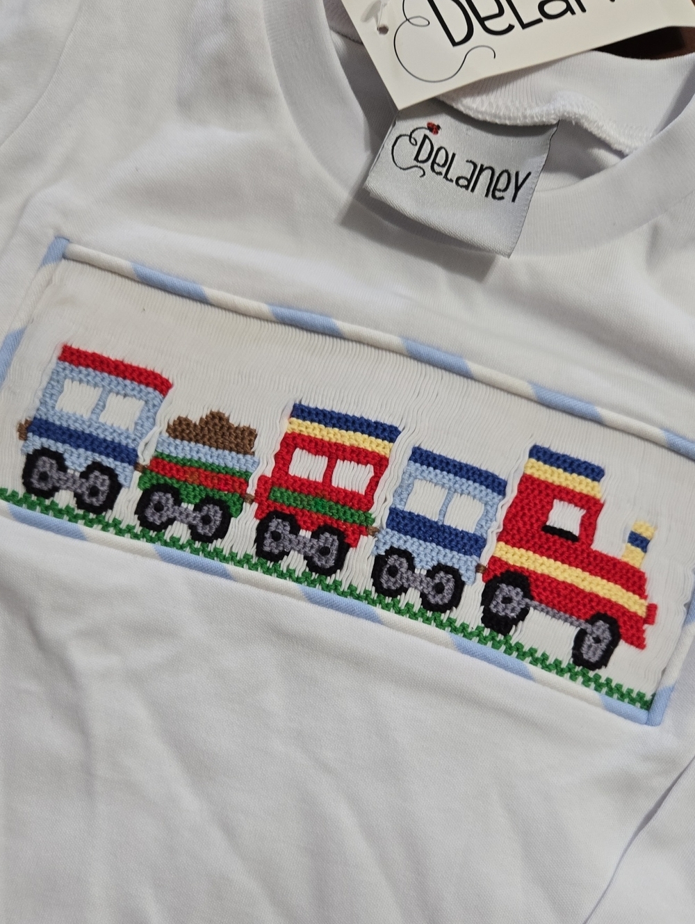 Delaney White and Light Blue Train-Embroidered Kids Smocked Set - Picture 4 of 5